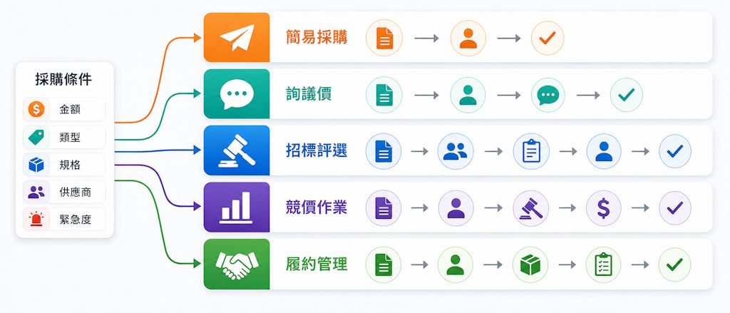 不同採購條件對應不同作業流程示意圖，包含簡易採購、詢議價、招標評選、競價作業與履約管理