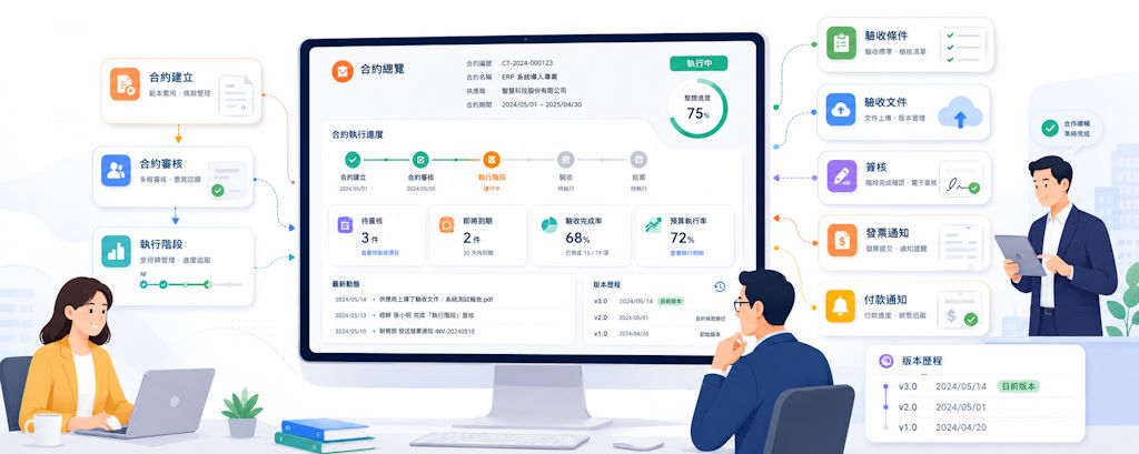 合約作業管理系統 Hero 圖，呈現合約建立、合約審核、執行階段、驗收條件、驗收文件、簽核、發票通知、付款通知與版本歷程儀表板