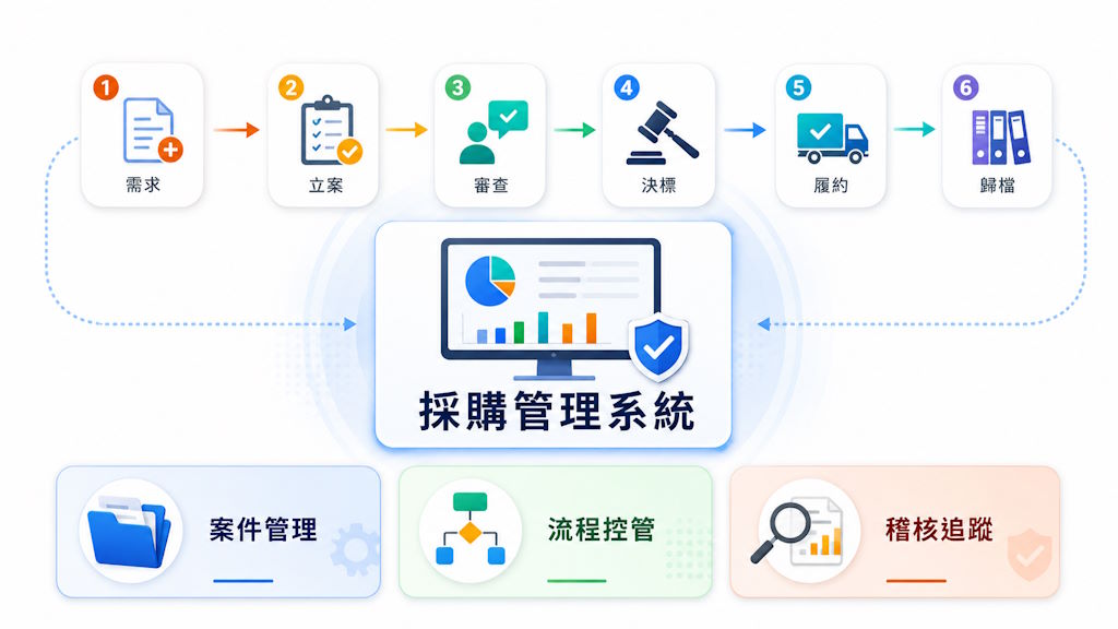 採購管理系統是什麼示意圖，呈現採購案件管理、流程控管與稽核追蹤的採購系統流程概覽
