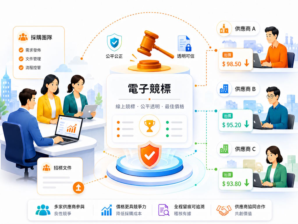電子競標系統、供應商競價採購與線上拍賣平台示意圖
