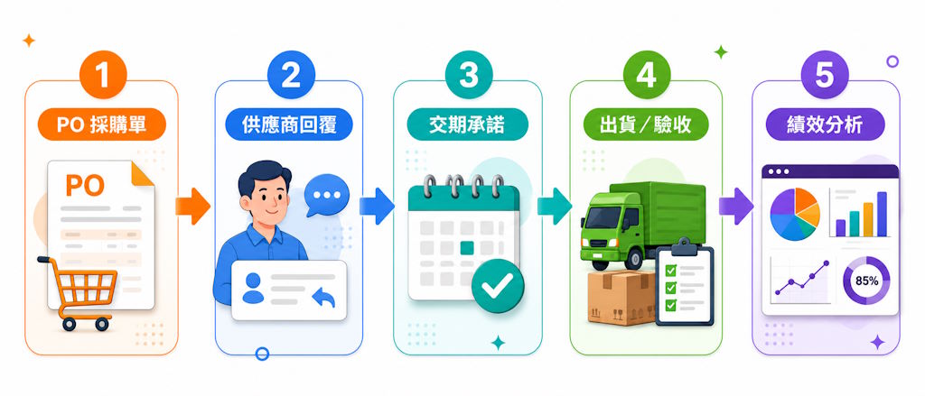 訂單交期管理流程示意，包含 PO 採購單、供應商回覆、交期承諾、出貨驗收與績效分析