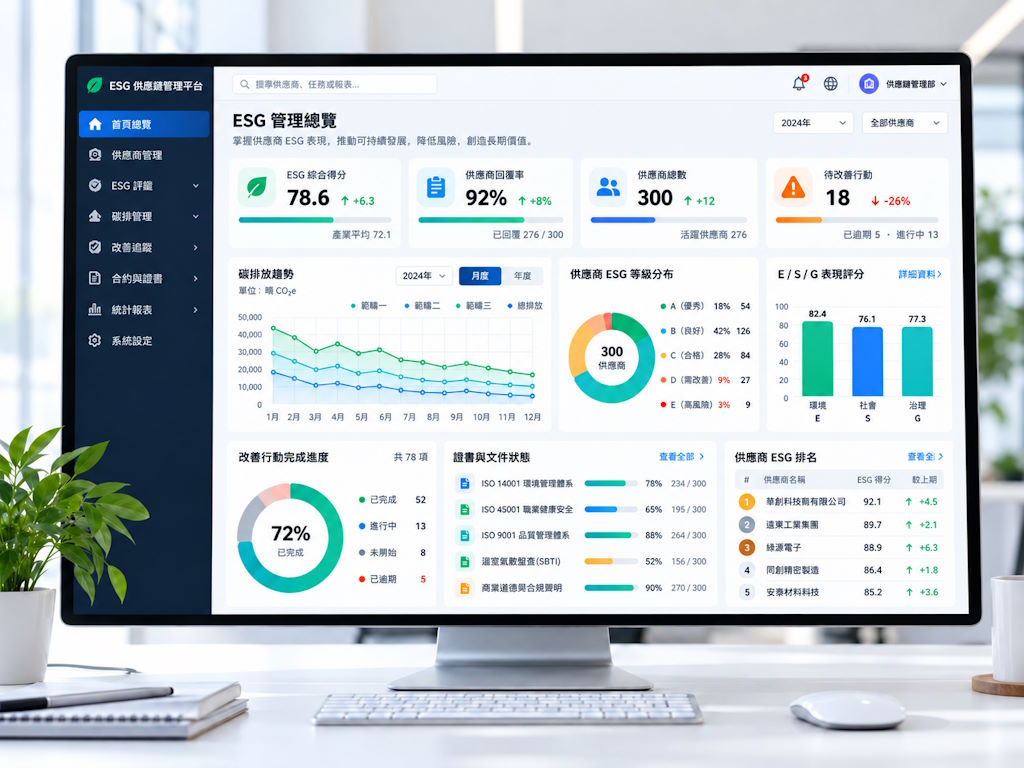 供應鏈 ESG 管理儀表板示意：ESG 分數、問卷回覆率、碳排趨勢與改善進度分析