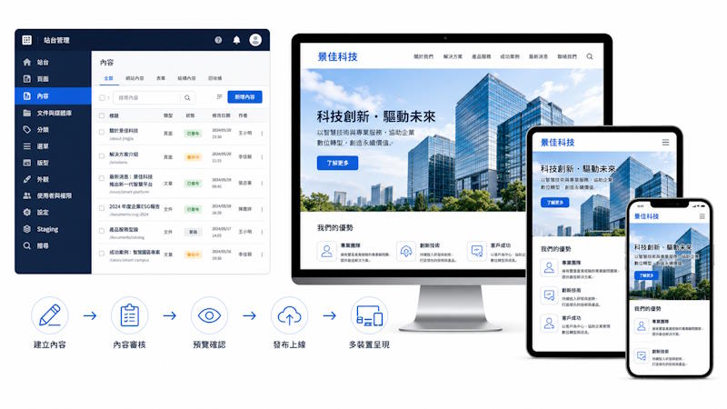 內容管理系統 CMS 網站後台、內容審核與多裝置呈現示意圖