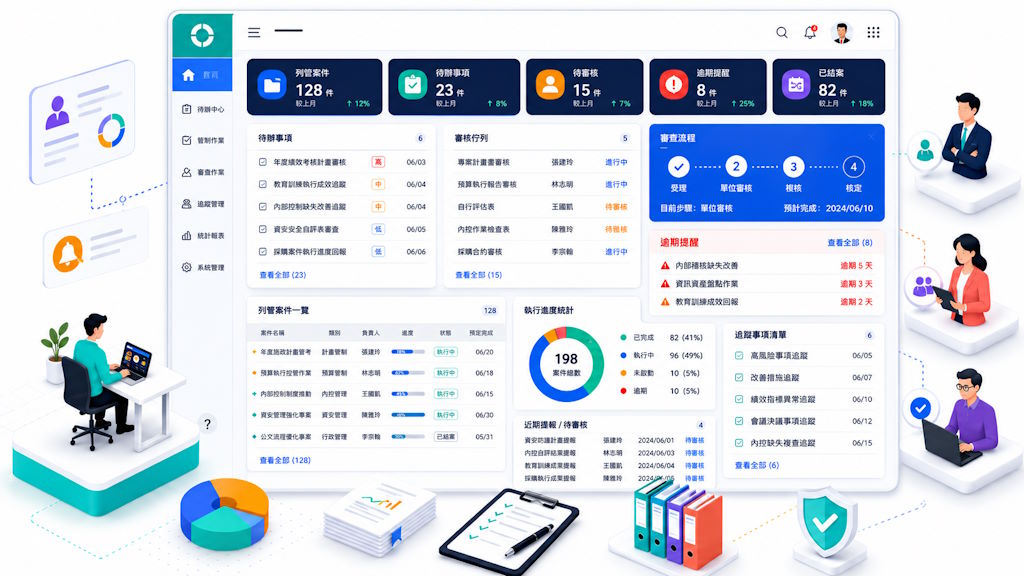 管制考核系統儀表板示意圖，包含列管案件、待辦事項、審核佇列、逾期提醒與執行進度統計
