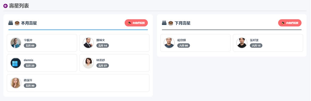 福委會系統本月壽星與下月壽星列表畫面示意
