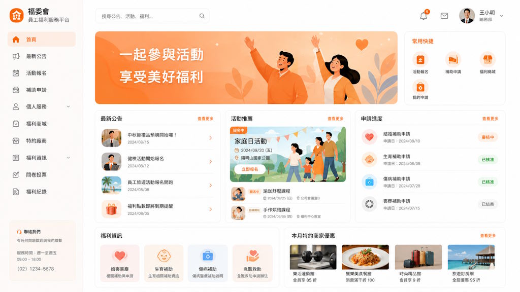 福委會系統首頁畫面示意，整合活動報名、補助申請、福利公告、特約廠商與個人服務入口