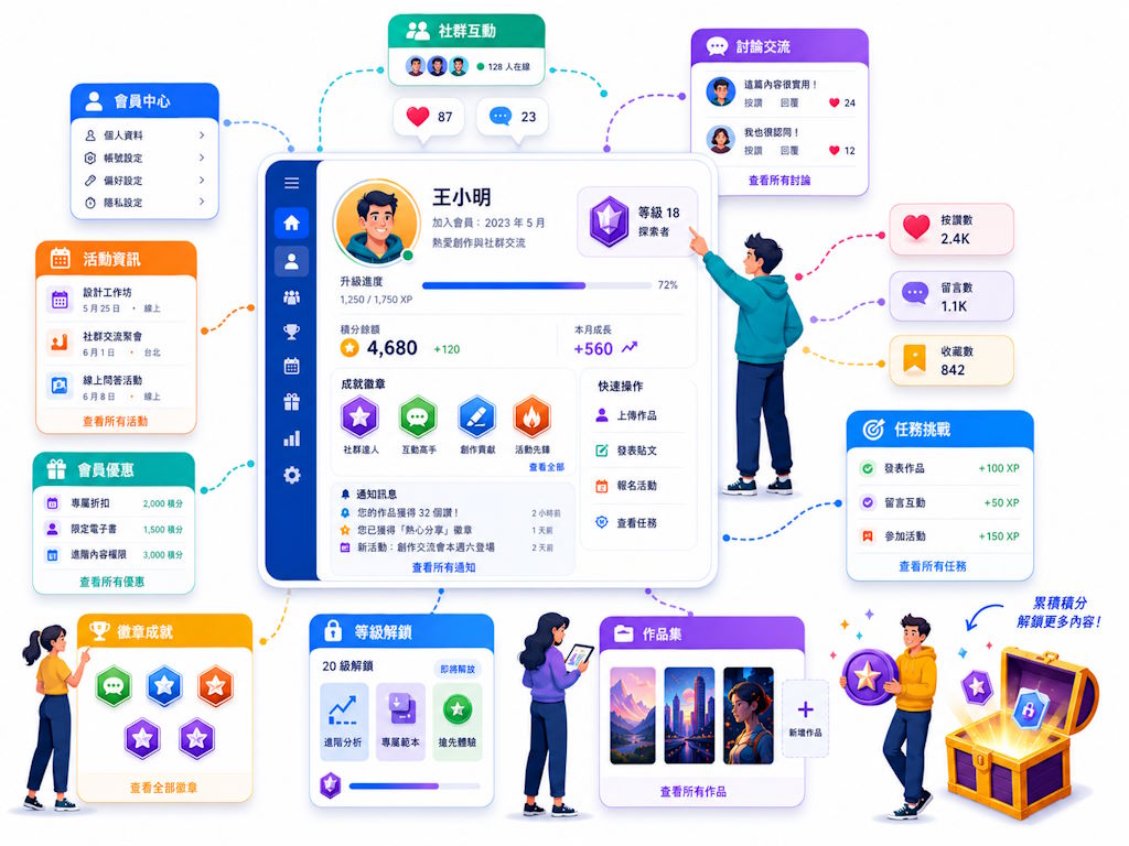 會員管理系統示意圖，包含會員中心、社群互動、積分成就、徽章等級與內容解鎖功能