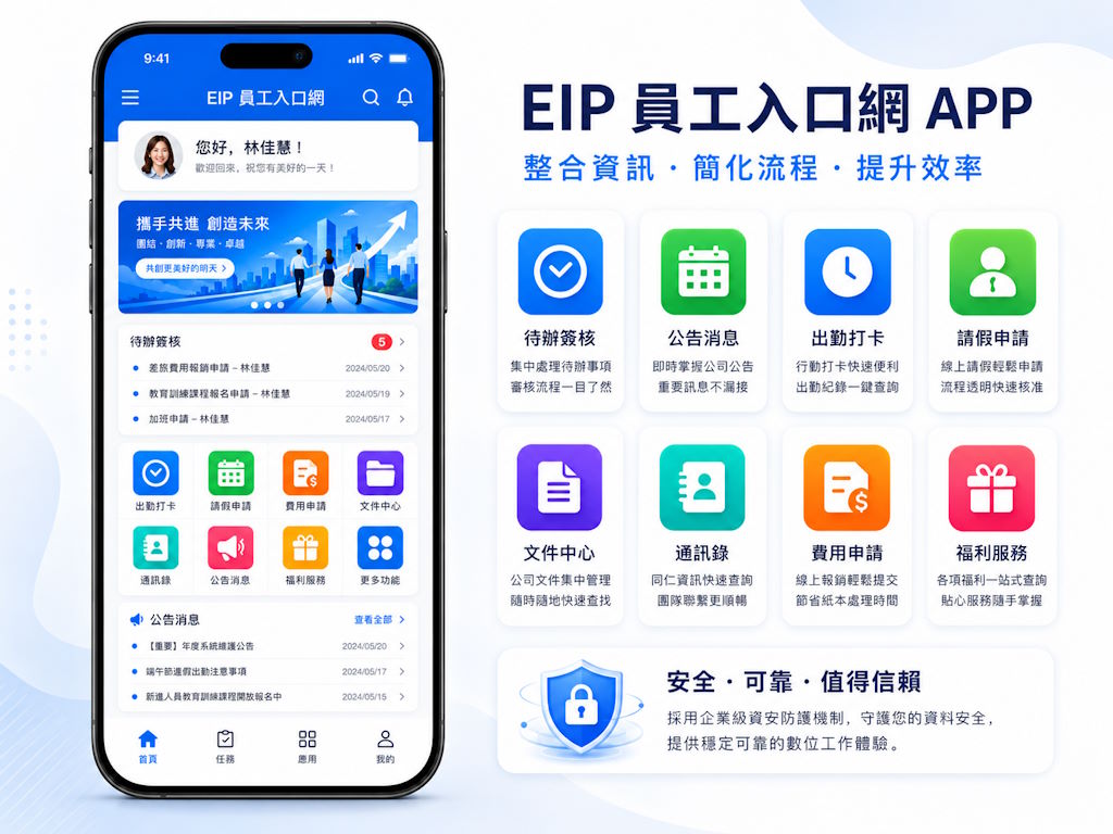 企業行動辦公 APP 與 EIP 員工入口網手機應用示意圖