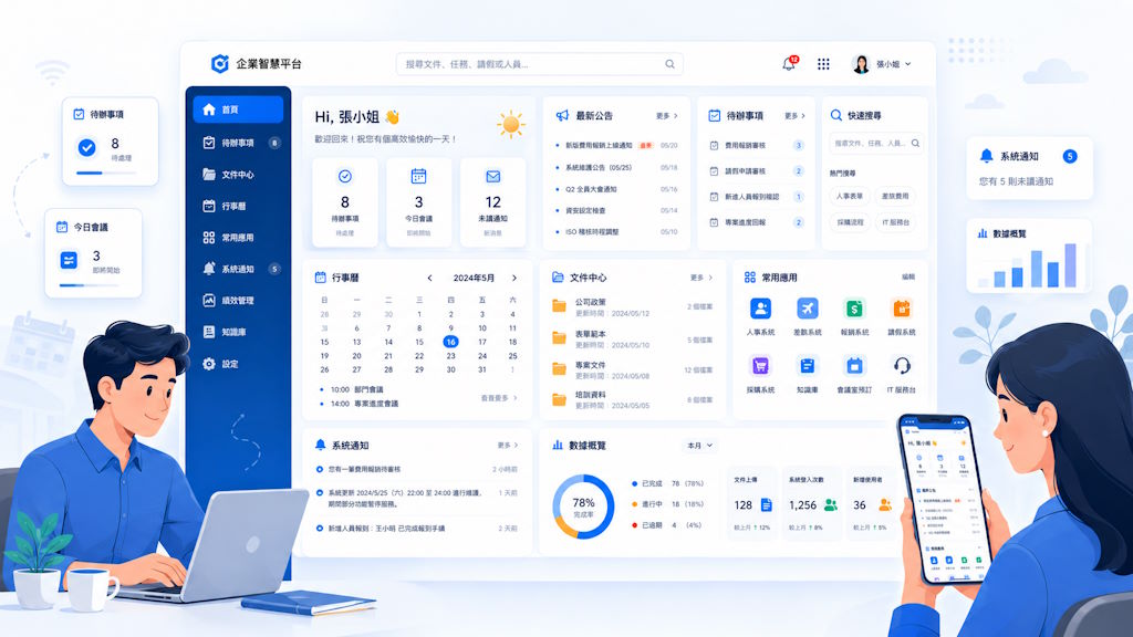EIP 企業資訊入口與員工工作平台示意圖